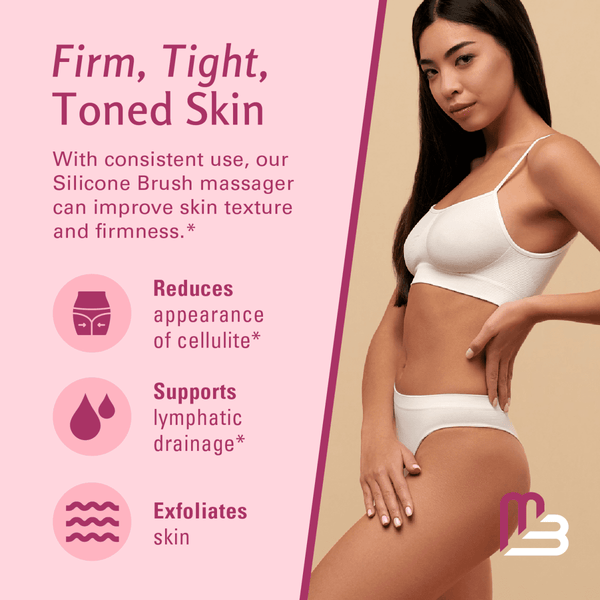 Woman in white underwear with text about silicone brush massager benefits on a pink background