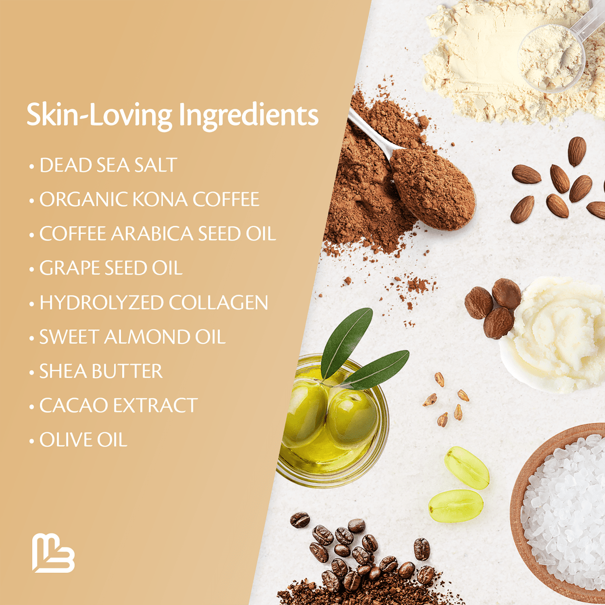 List of skin-loving ingredients in anti-cellulite scrub with corresponding images on a beige background
