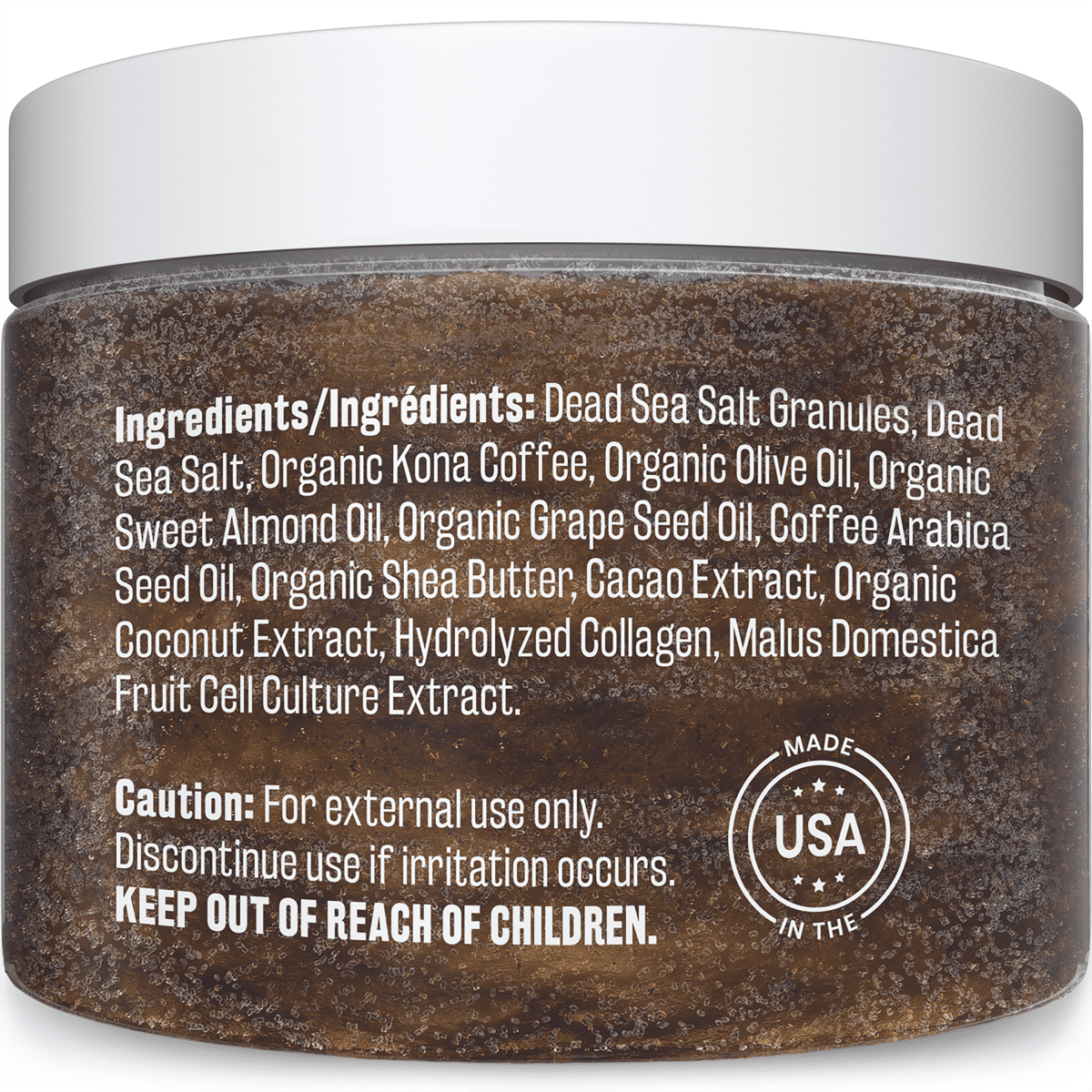 Back view of a jar of M3 Arabica Coffee Scrub with ingredients listed