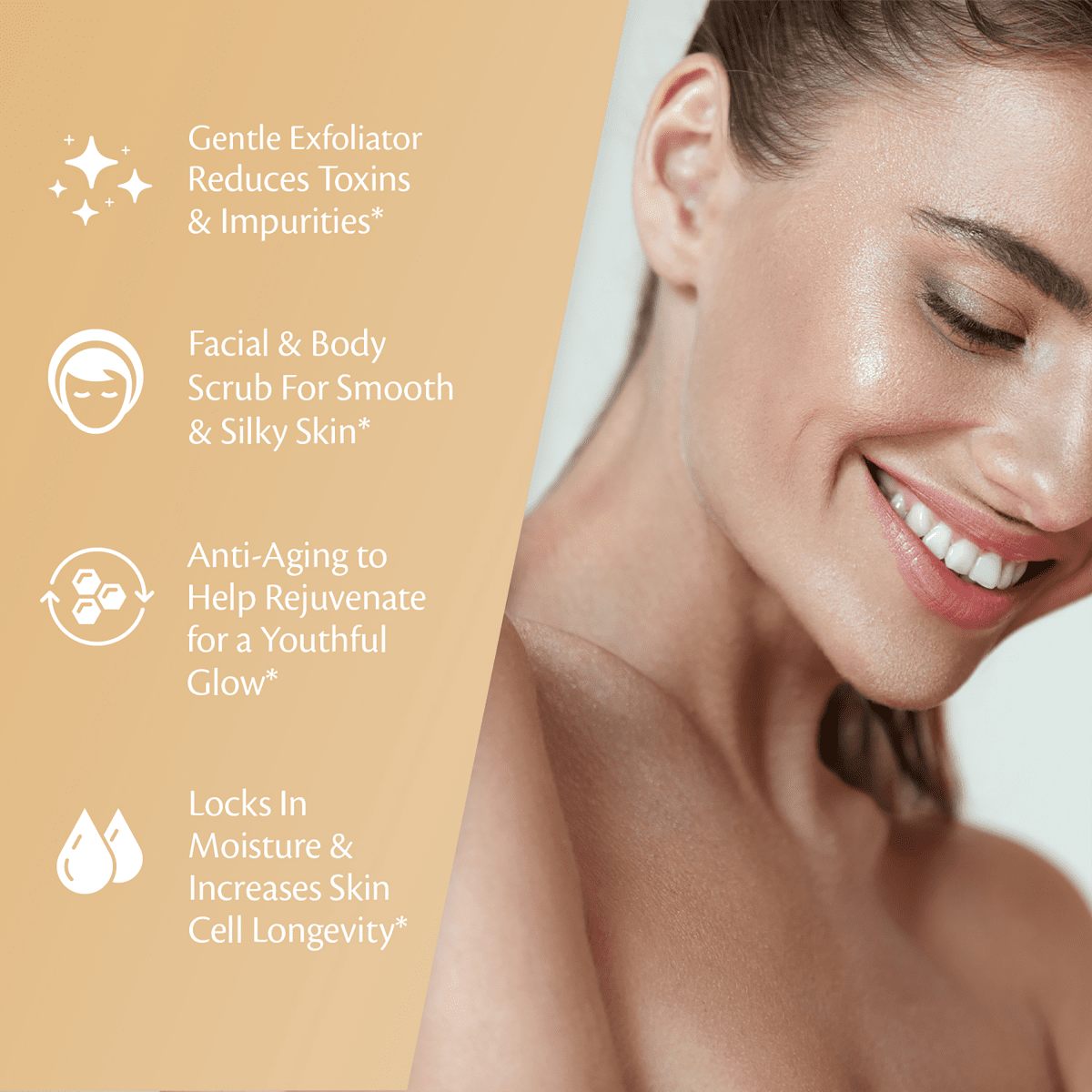 Woman with smooth skin and text about skincare benefits on a beige background