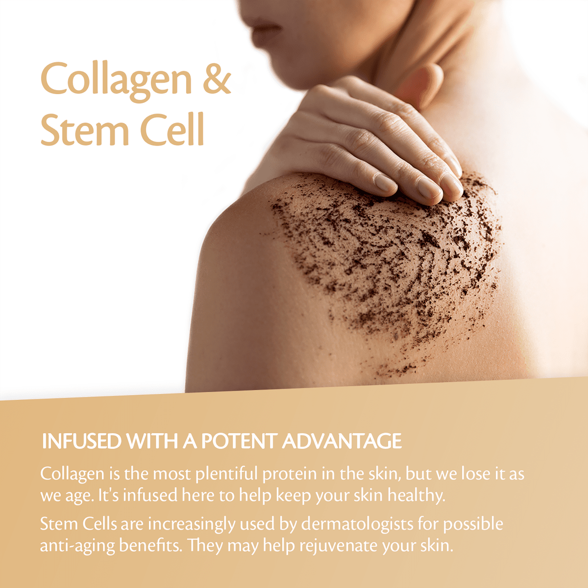 Woman applying coffee scrub to shoulder with text about benefits of collagen and stem cells for skin health