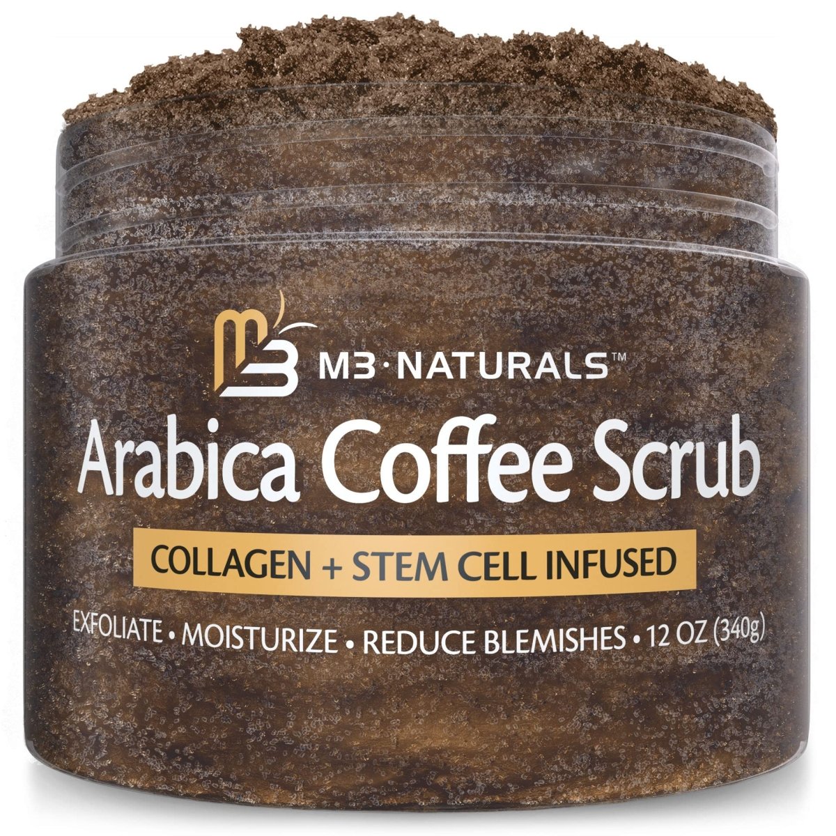 Open jar of M3 Arabica Coffee Scrub with product peeking out of the top of the jar