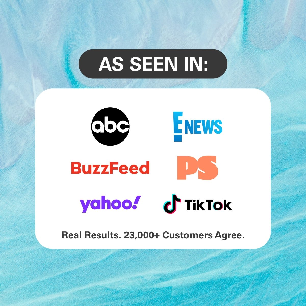 Logos of ABC, E! News, BuzzFeed, PS, Yahoo!, and TikTok on a blue textured background with 'As Seen In' text.