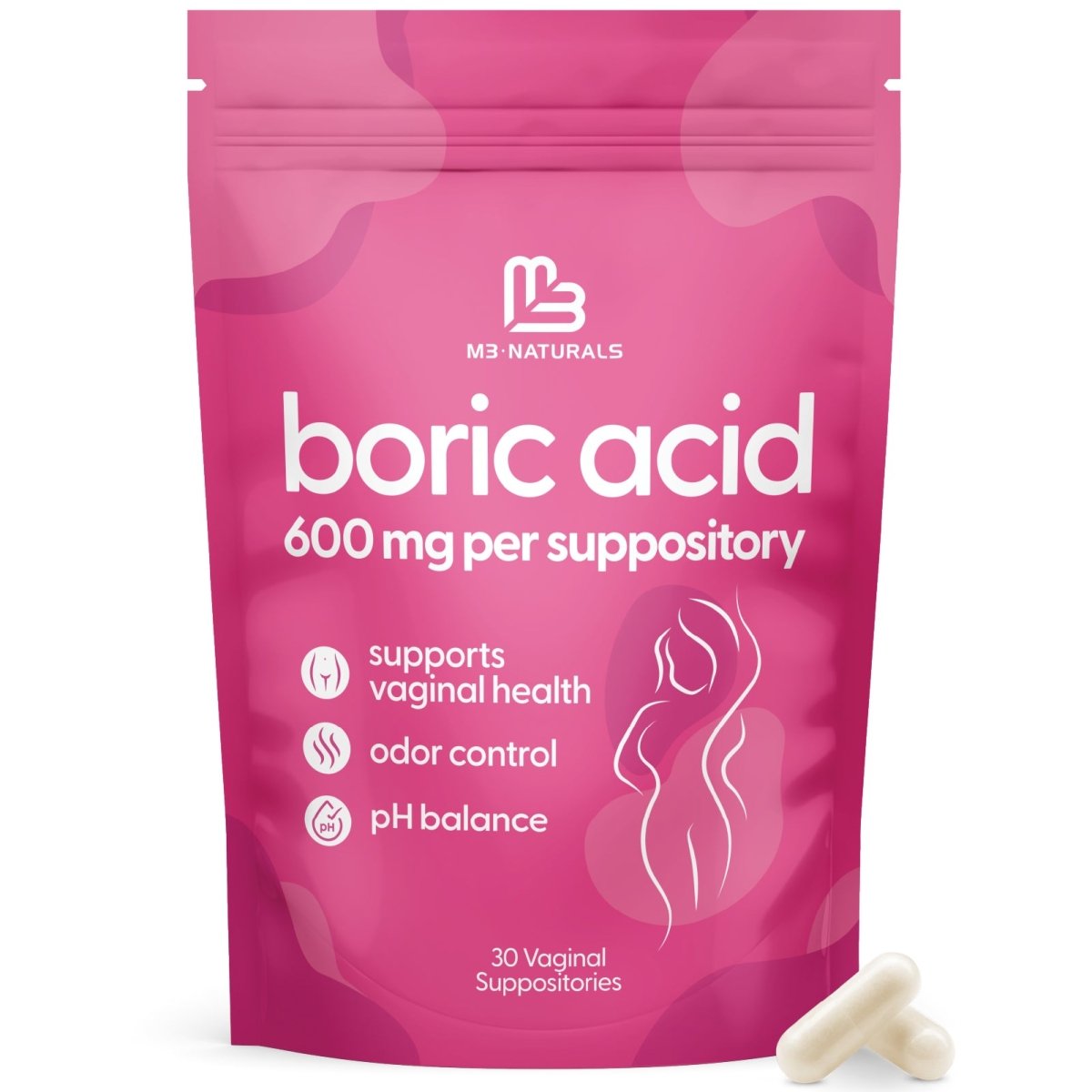 Bag of boric acid vaginal suppositories with capsules shown next to package