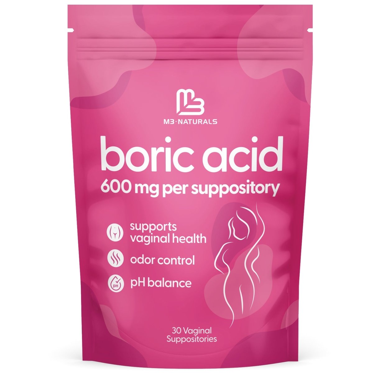 Pink package of M3 boric acid suppositories with a zipper top on a white background