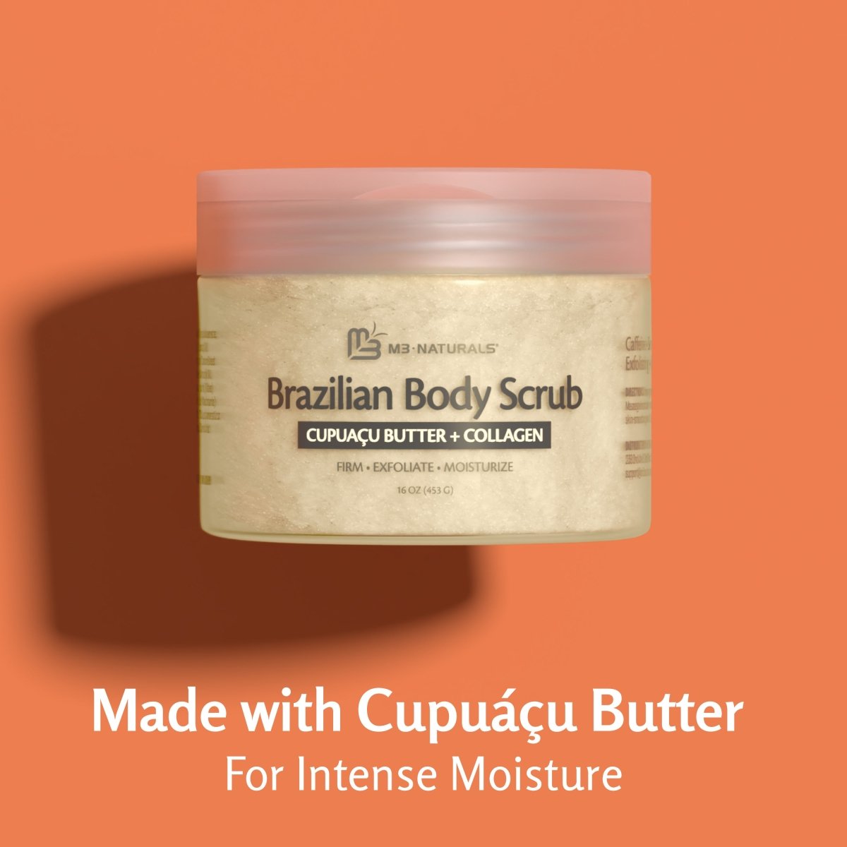 Jar of Brazilian Body Scrub with Cupuácuá Butter and Collagen on an orange background
