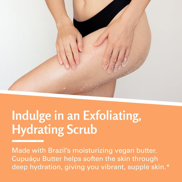 Person applying exfoliating scrub to leg with text about benefits of cupuaçu butter for deep hydration