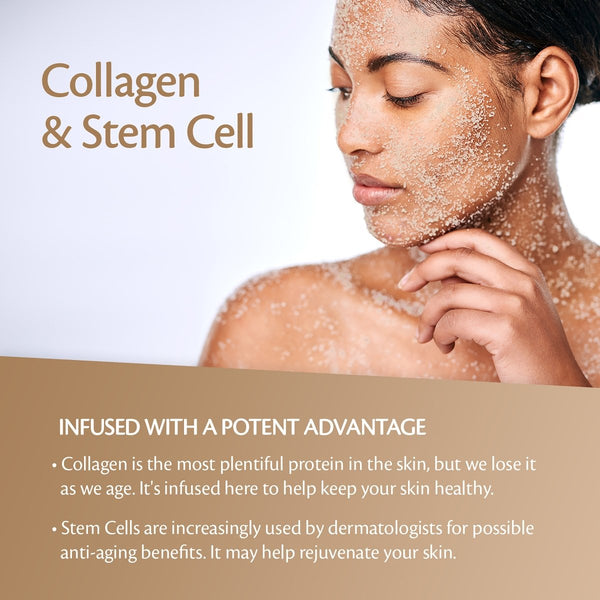 Woman applying a scrub to her face and body with text about the benefits of collagen and stem cells for skin.