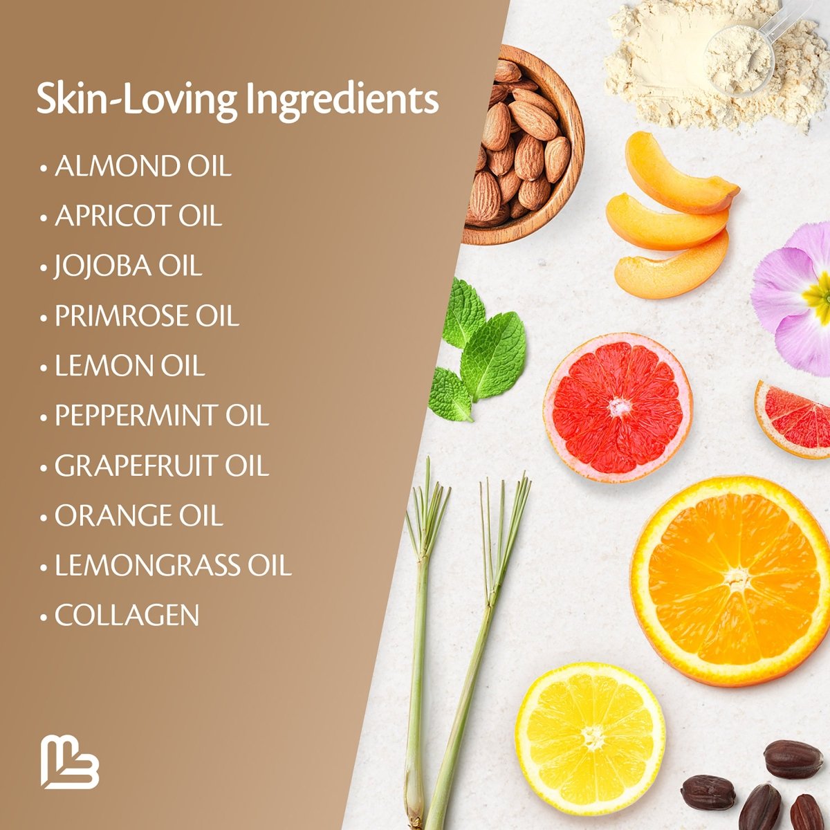 List of skin-loving ingredients with corresponding images on a brown background