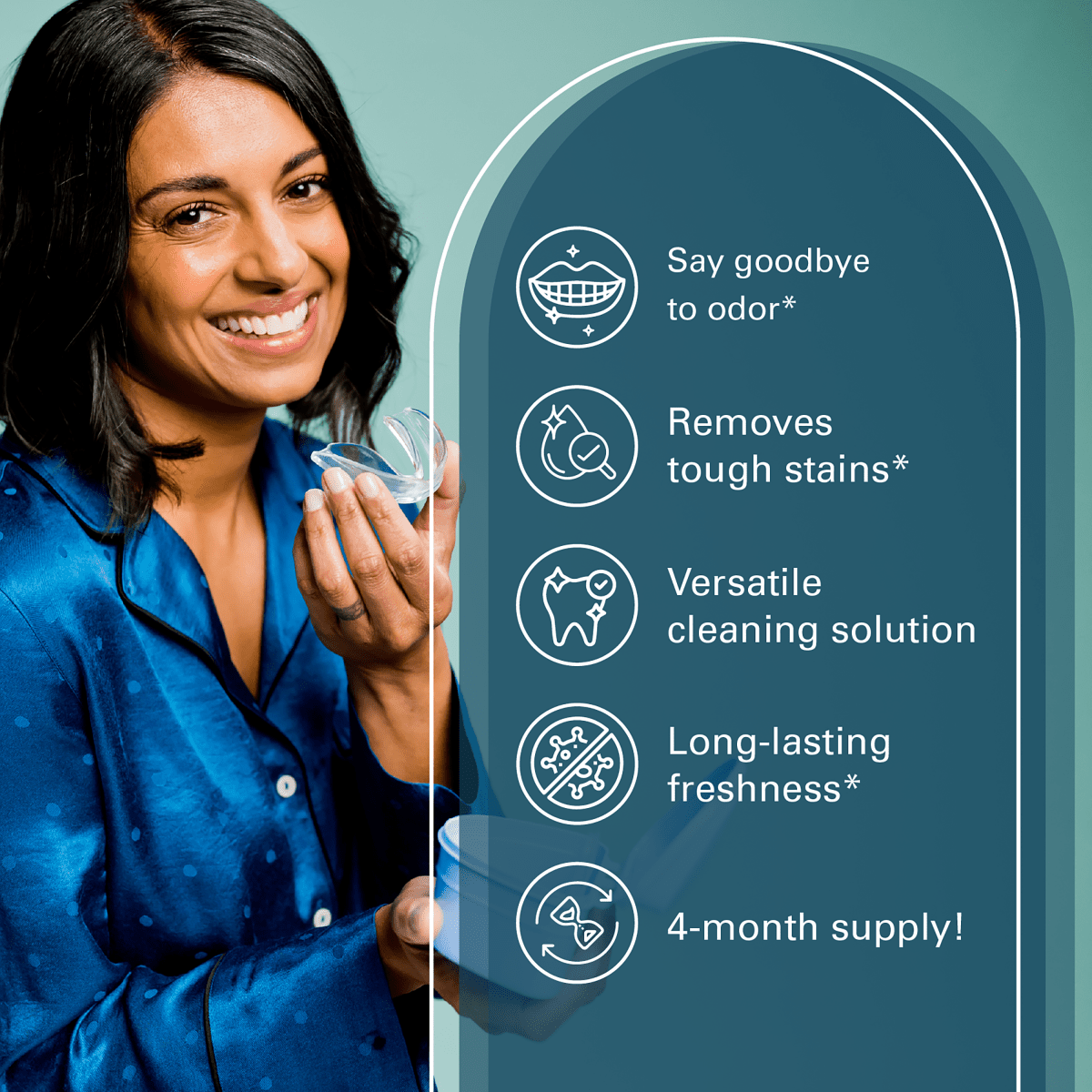 Woman holding a dental device with cleaning tablet features listed on a teal background.
