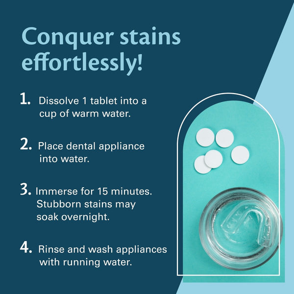 Instructions for using dental appliance cleaning tablets with a clear container on a blue background.