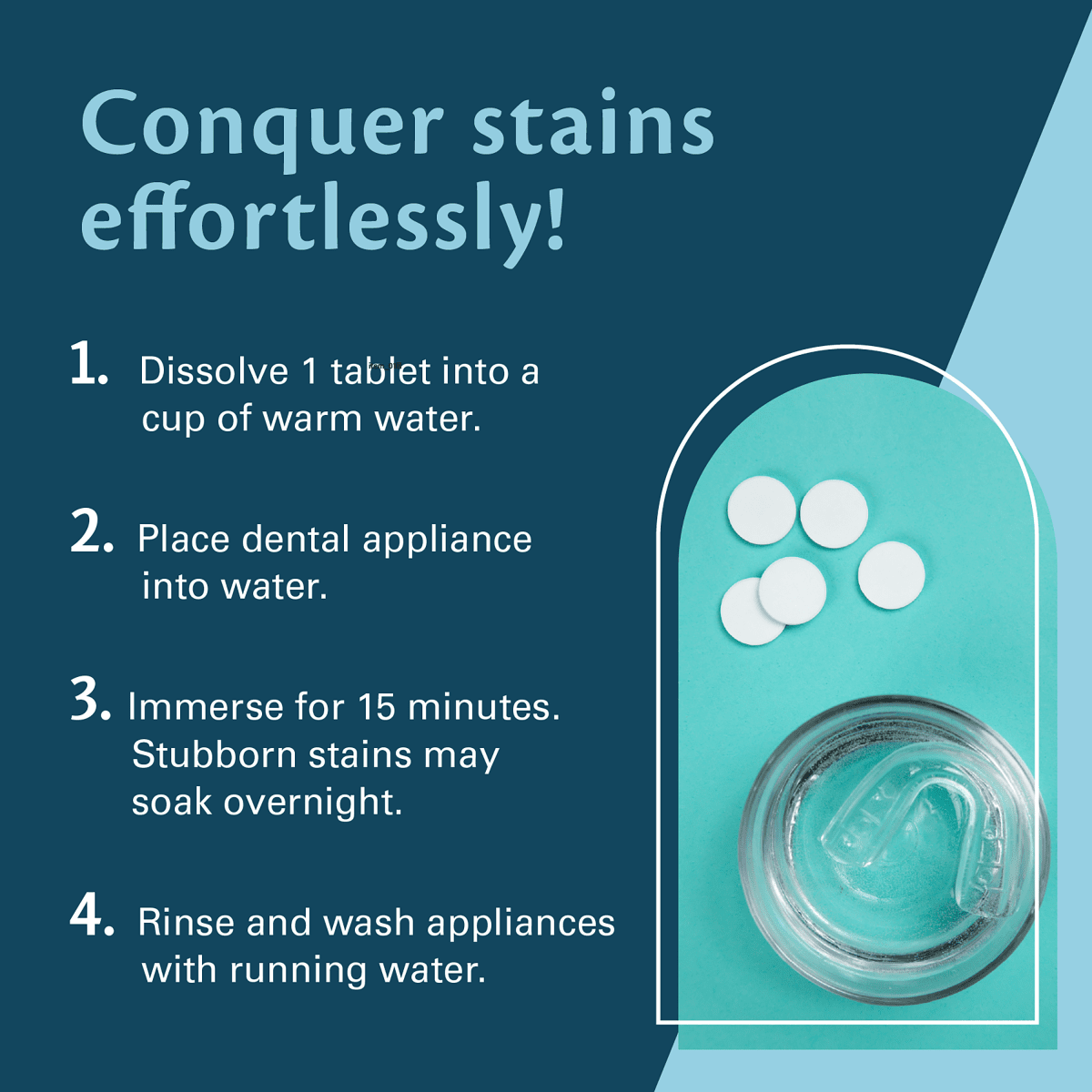 Instructions for dissolving a dental appliance tablet and cleaning appliances with text on a blue background.
