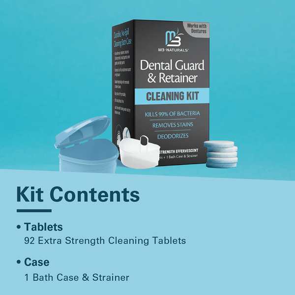 Dental Guard & Retainer Cleaning Kit and text listing contents of 92 cleaning tablets, bath case and strainer.