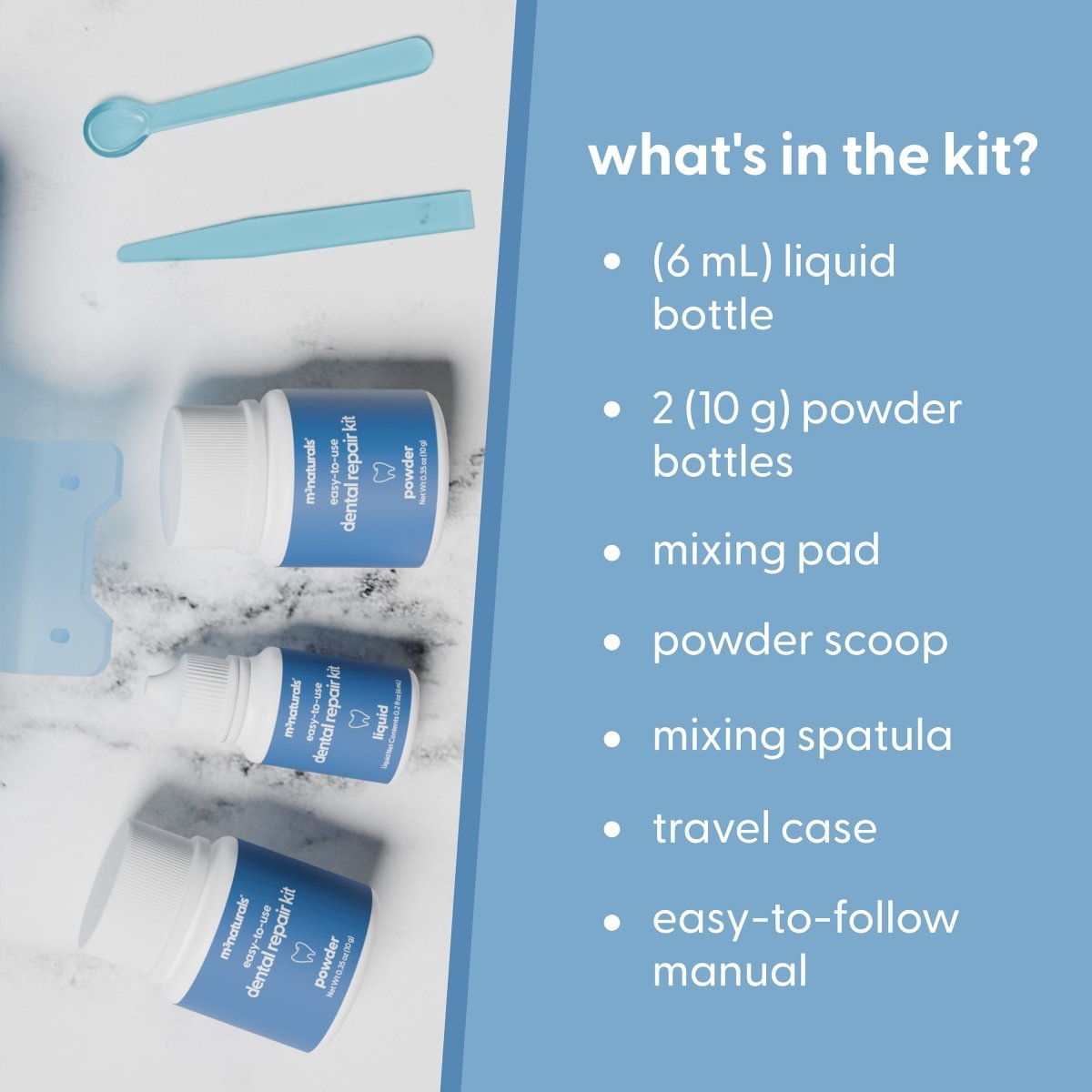 Dental repair kit with bottles, mixing pad, scoop, spatula, travel case, and manual on a blue background.