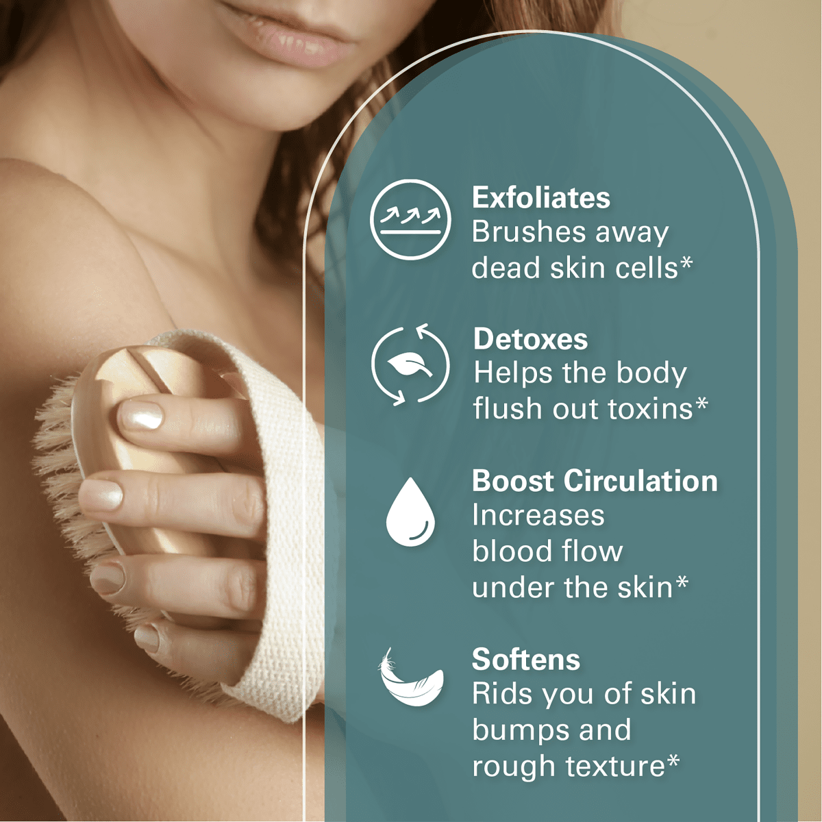 Woman using a dry brush on bare skin with text detailing benefits for exfoliation, detox, circulation, and skin texture. 