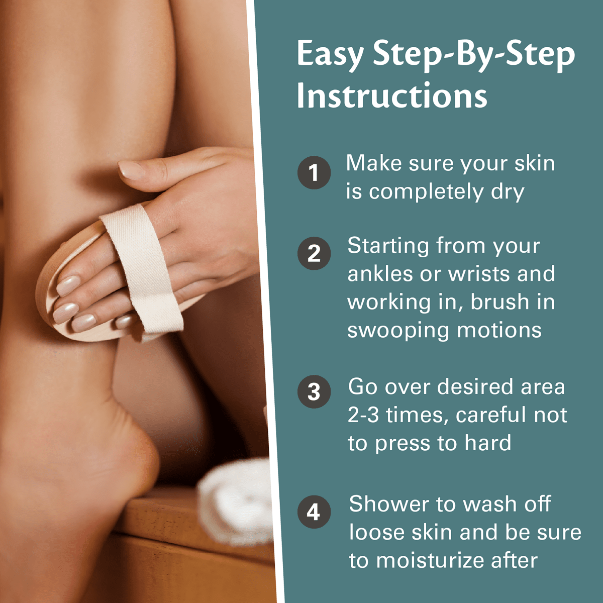 Step-by-step guide for exfoliating skin with a dry brush, shown on a person's leg