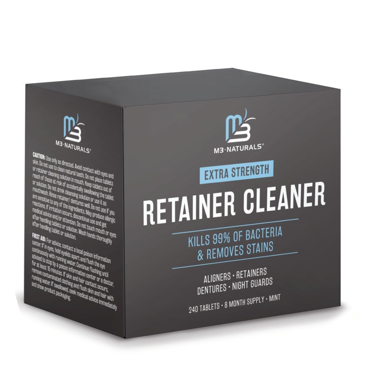 Box of M3 Extra Strength Retainer Cleaner 240-count on a white background