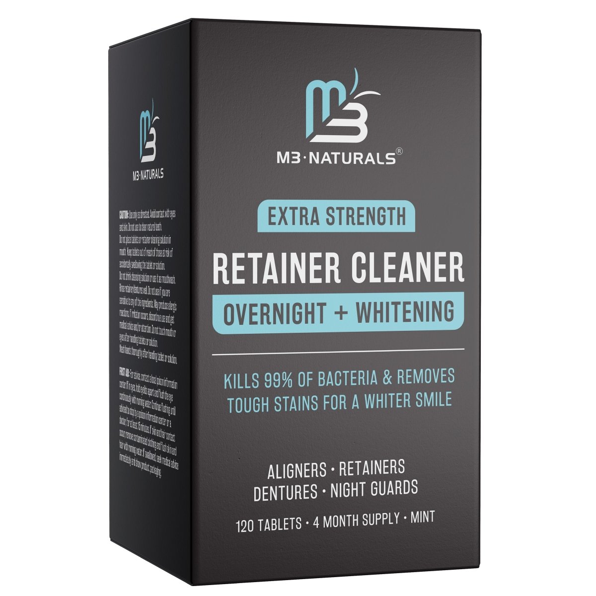 M3 Retainer Cleaner packaging for Extra Strength, Overnight + Whitening. 
