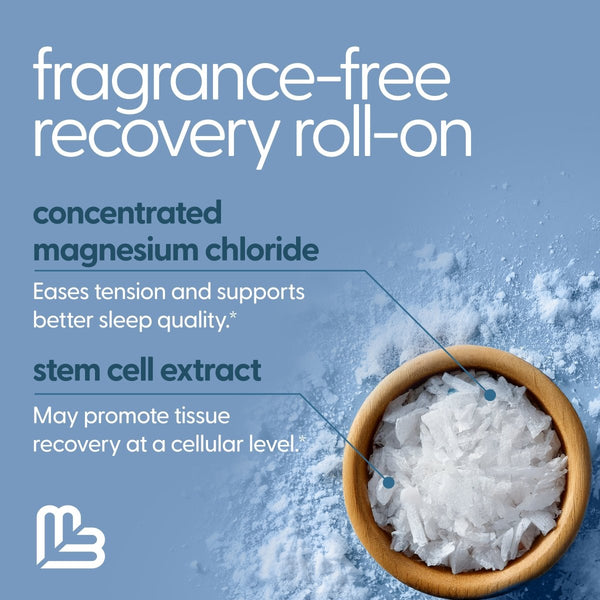 Fragrance-free recovery roll-on with magnesium chloride and stem cell extract on a blue background