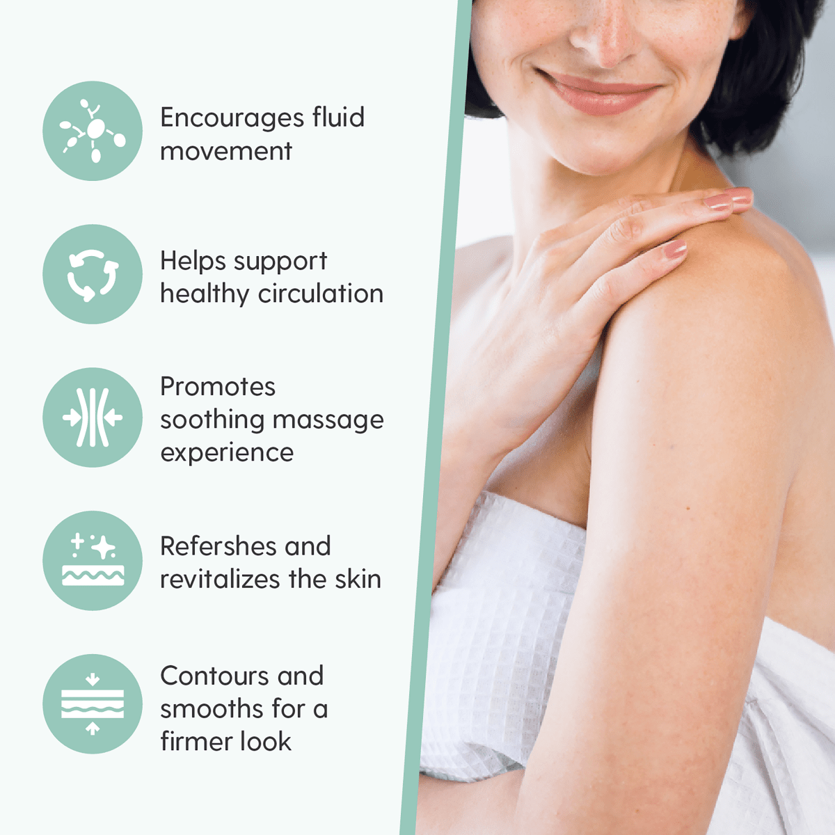 Woman rubbing her shoulder and text about product benefits on an off-white background
