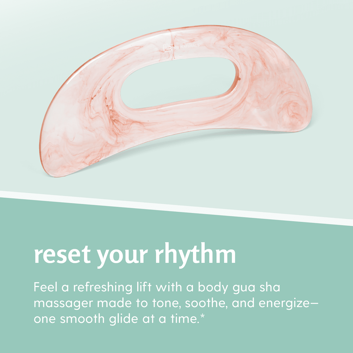 Pink body gua sha massager on a light green background with text promoting its use to tone, soothe, and energize.