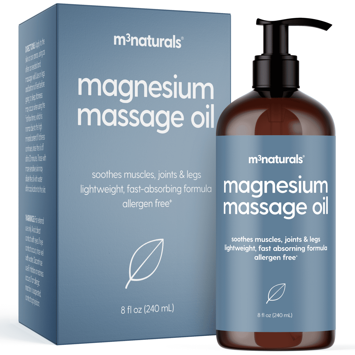 m3 magnesium massage oil bottle and packaging on a white background