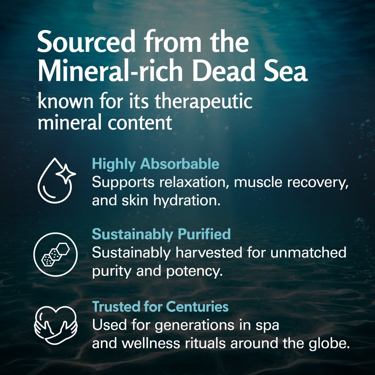 Text about mineral-rich Dead Sea sourcing with a blue underwater background.