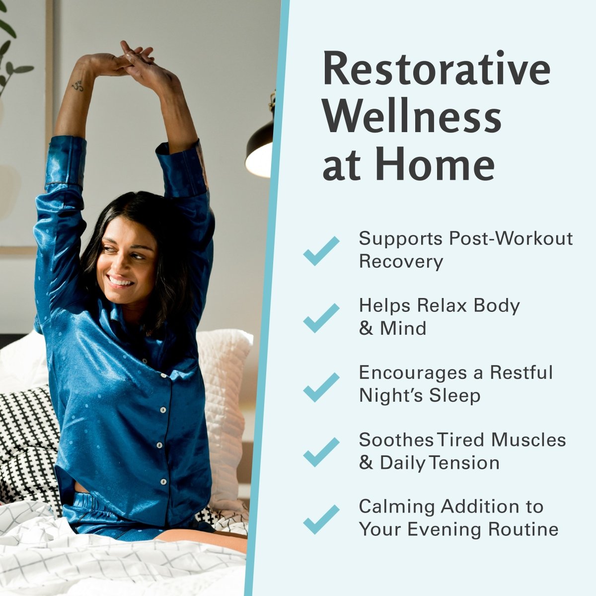 Woman stretching in bed with text about restorative wellness at home