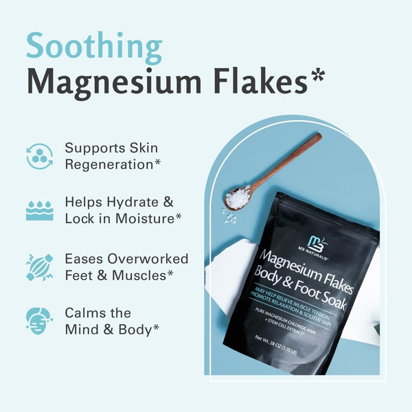 Bag of magnesium flakes body & foot soak with flakes shown in a wooden spoon and text about the soothing benefits