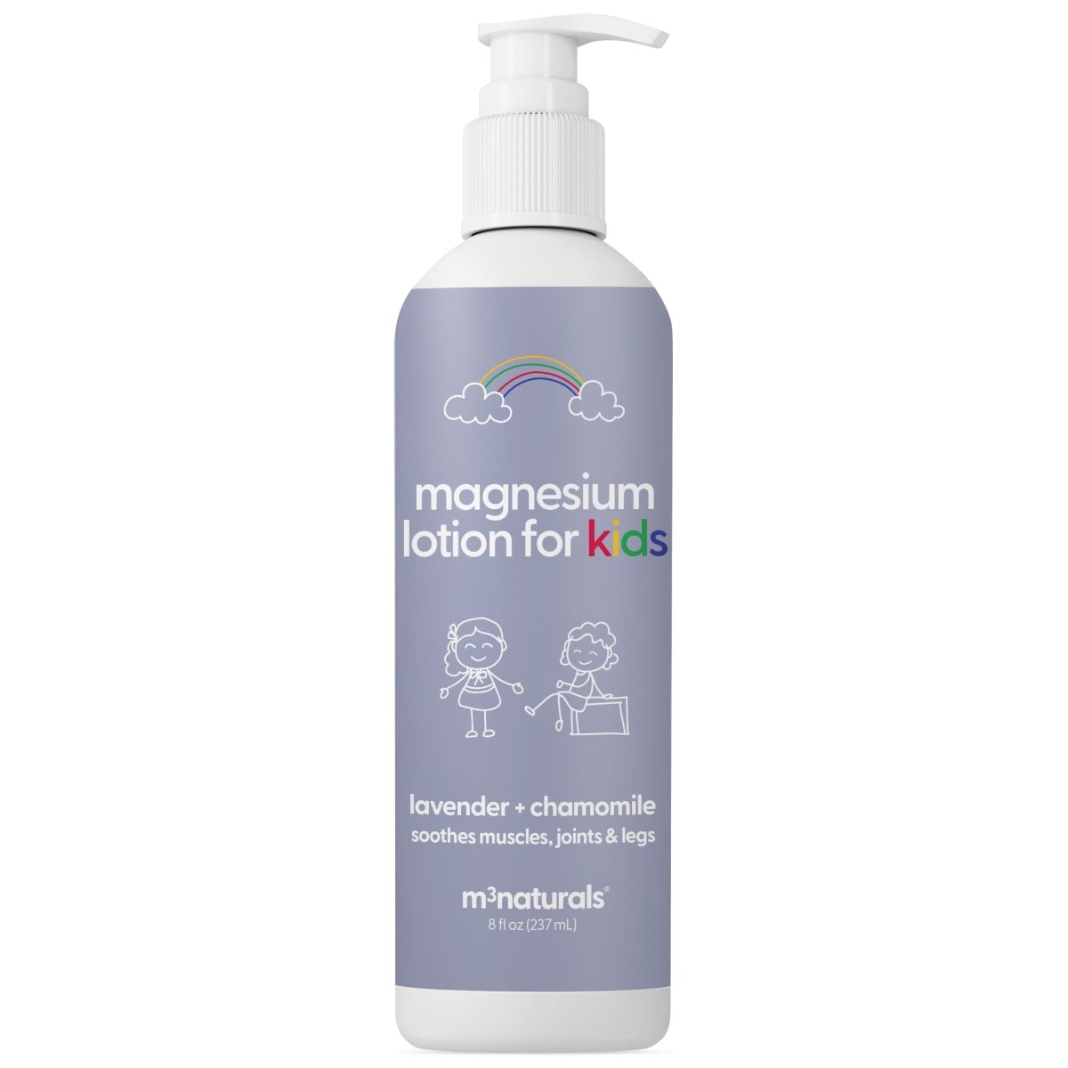 Bottle of magnesium lotion for kids with lavender and chamomile on a white background