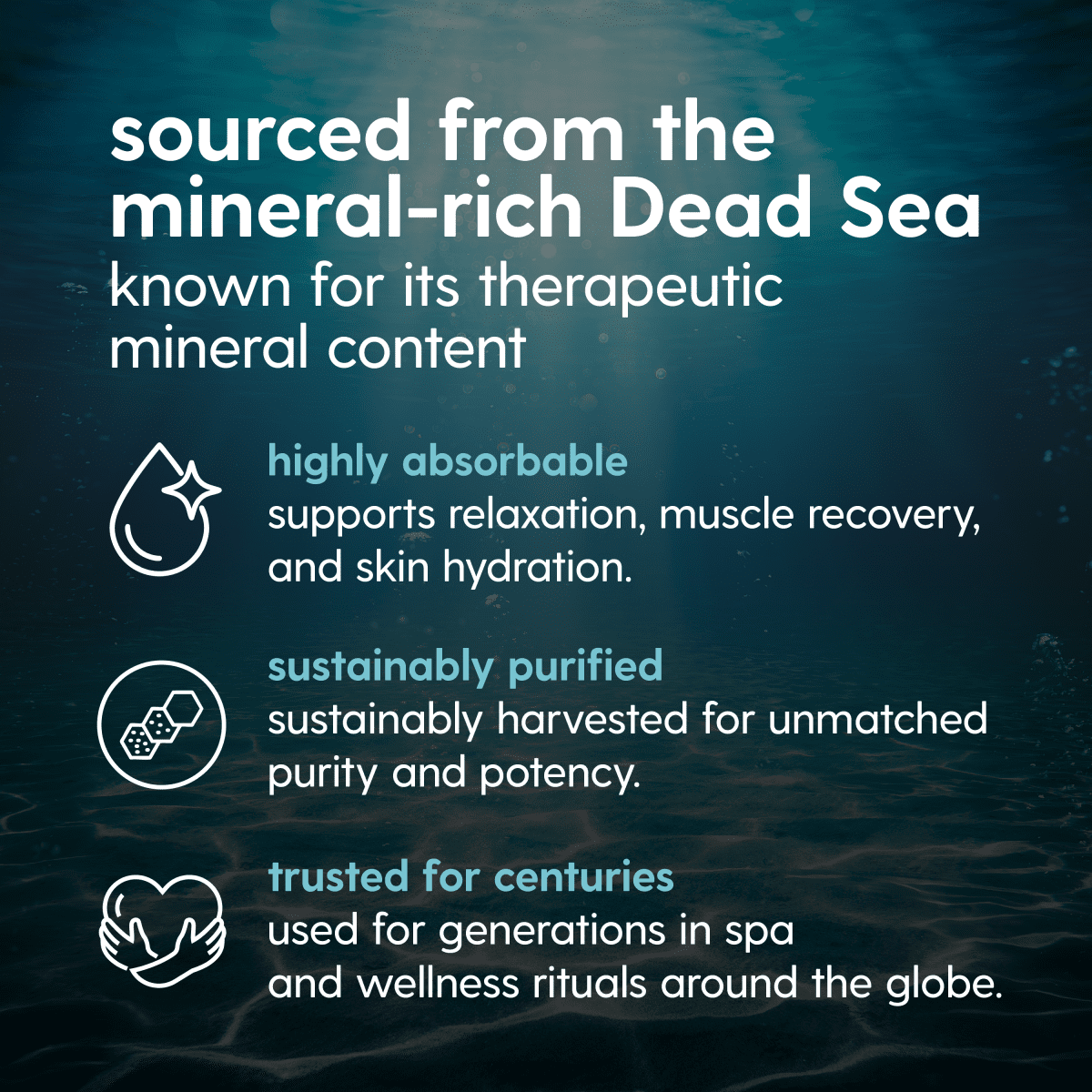Text about the Dead Sea's therapeutic mineral content with a background of water.