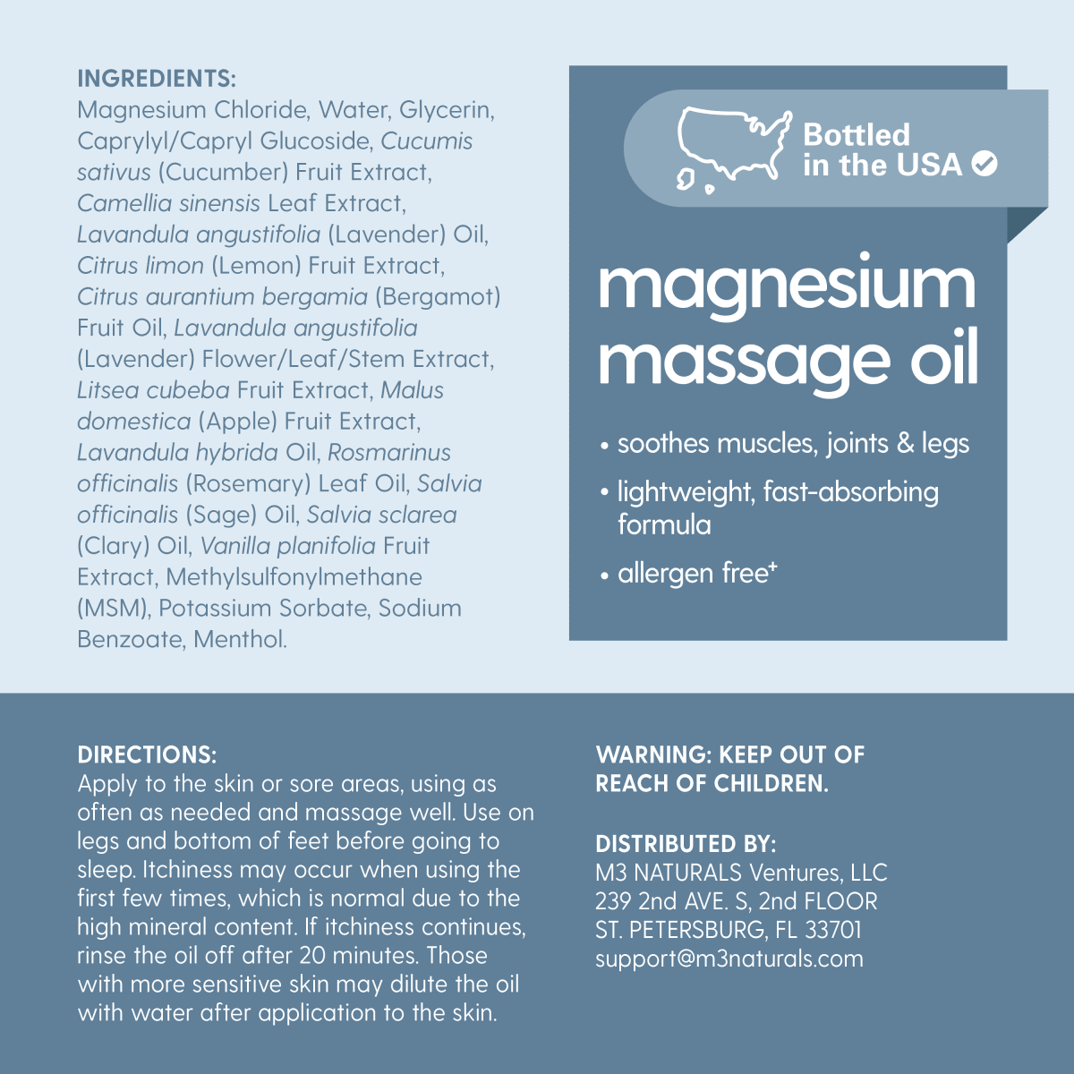 Magnesium massage oil label with ingredients, directions, and branding information on a blue background.