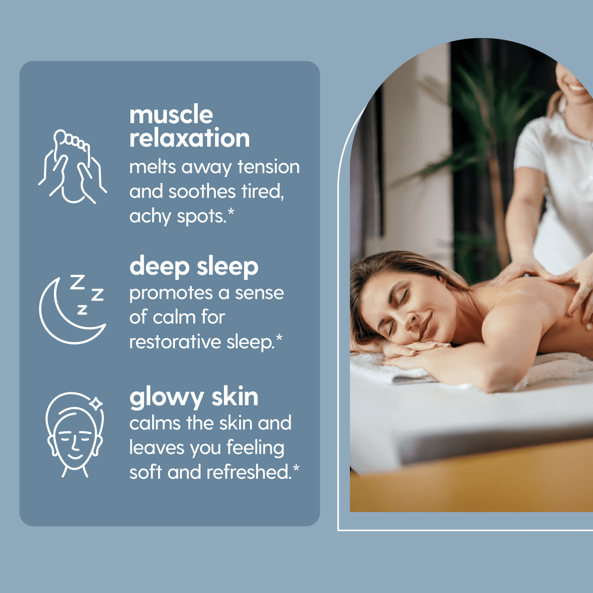 Woman receiving a massage with text about muscle relaxation, deep sleep, and glowing skin benefits on a blue background.
