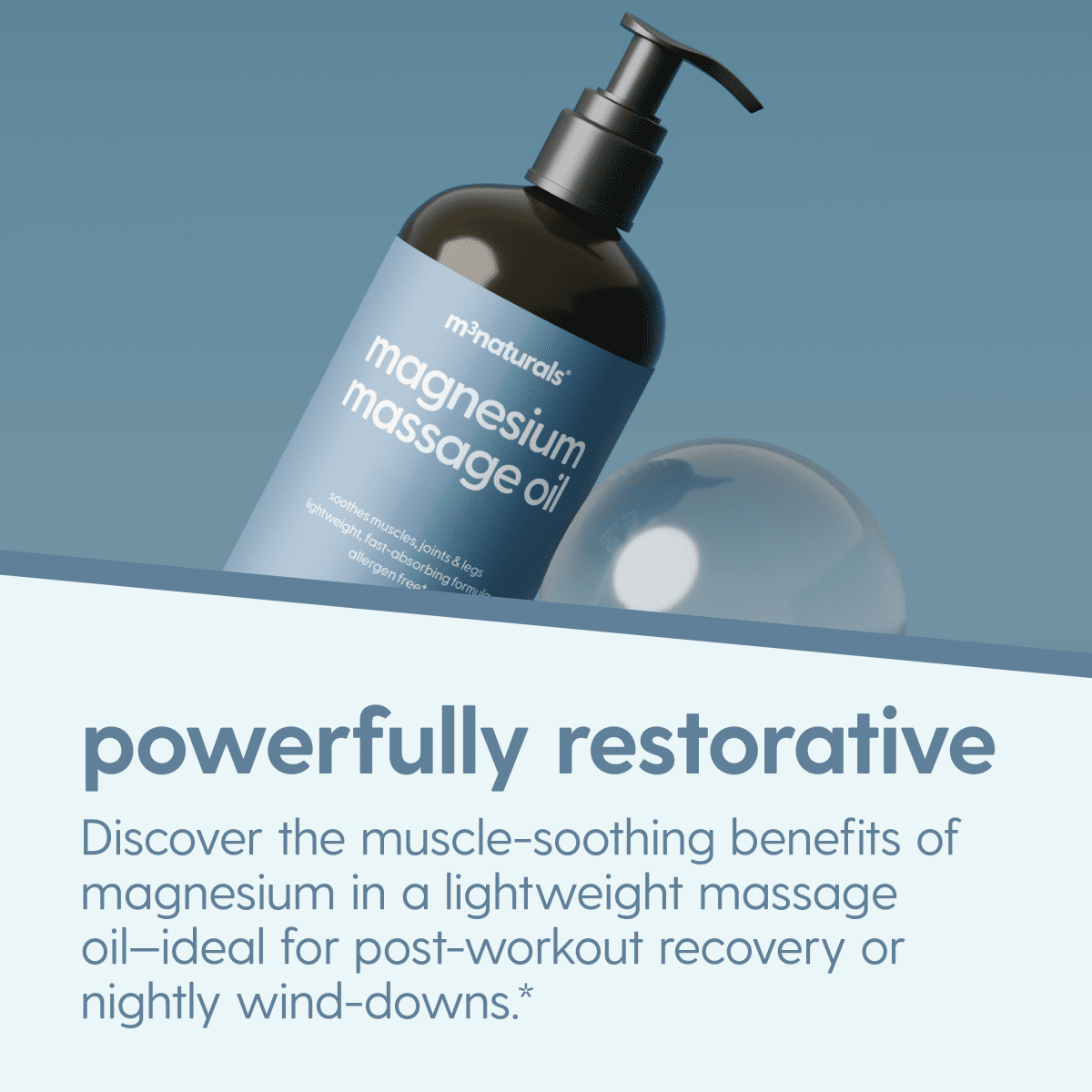Bottle of magnesium massage oil with text about the muscle-soothing benefits on a blue background