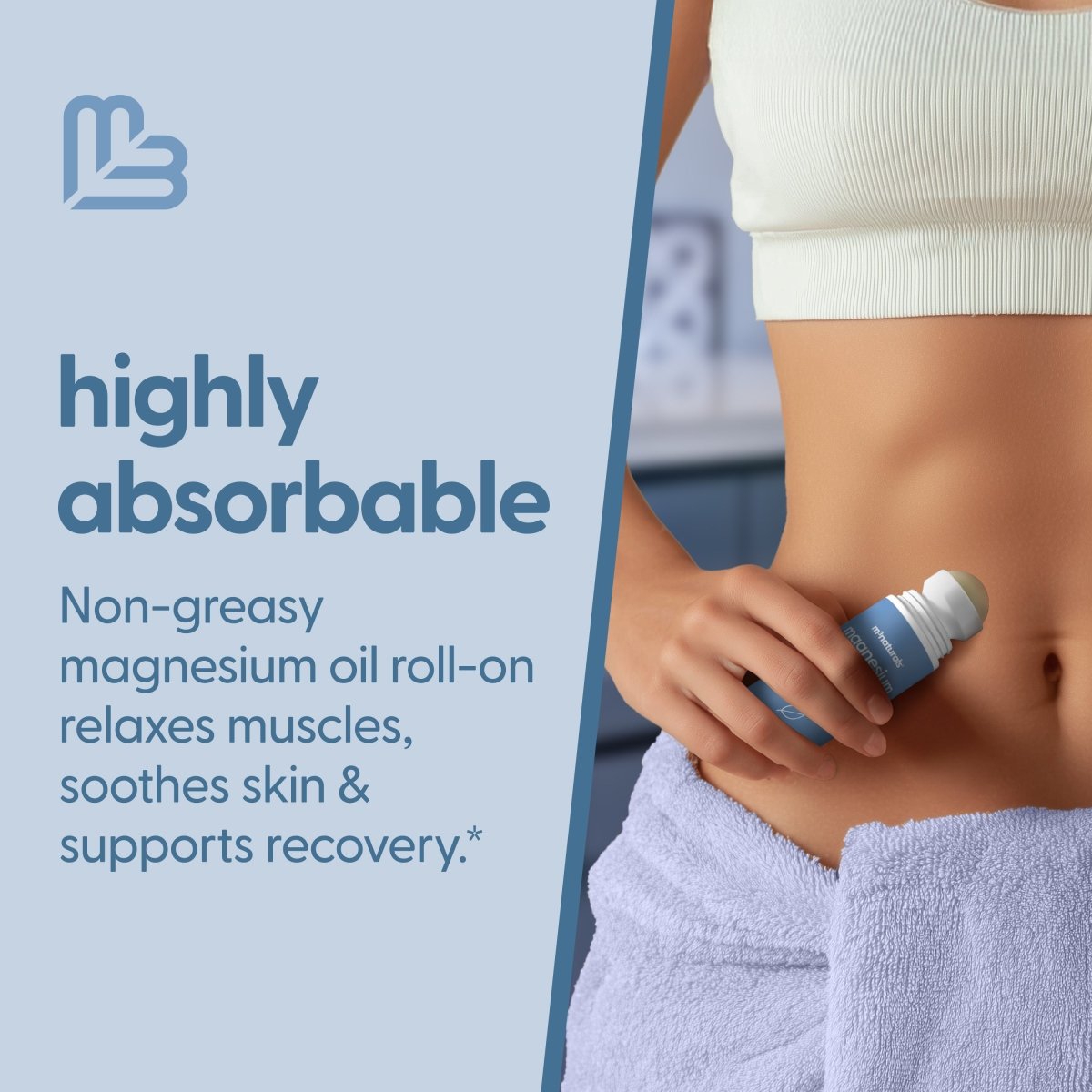 Person holding a magnesium oil roll-on over the abdomen with text about its benefits on a light blue background