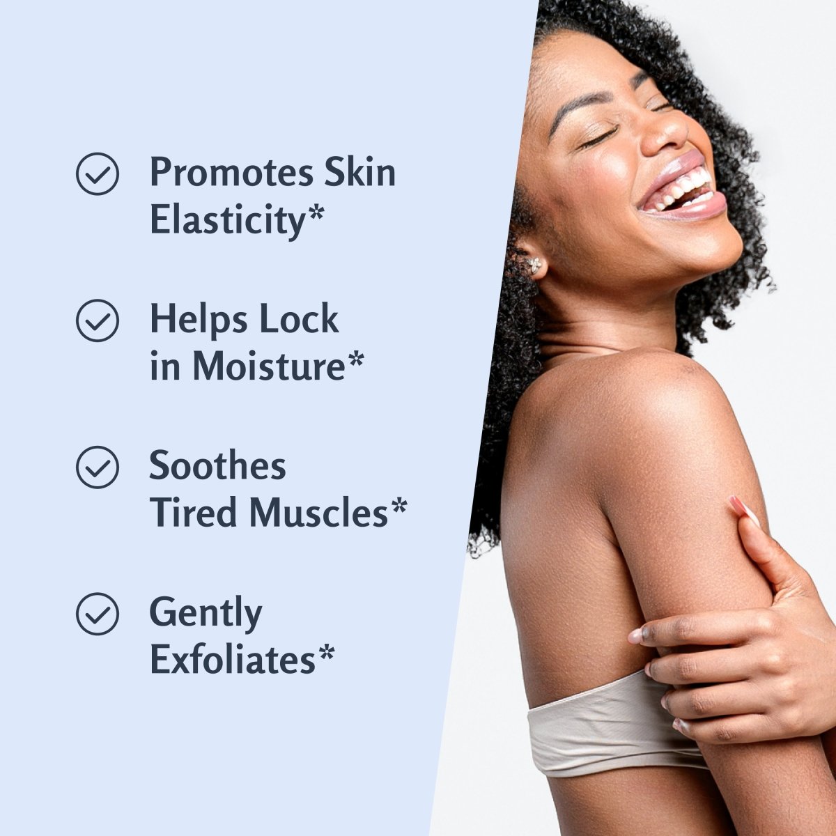 Woman with a toned arm, text highlighting skin care benefits on a light blue background
