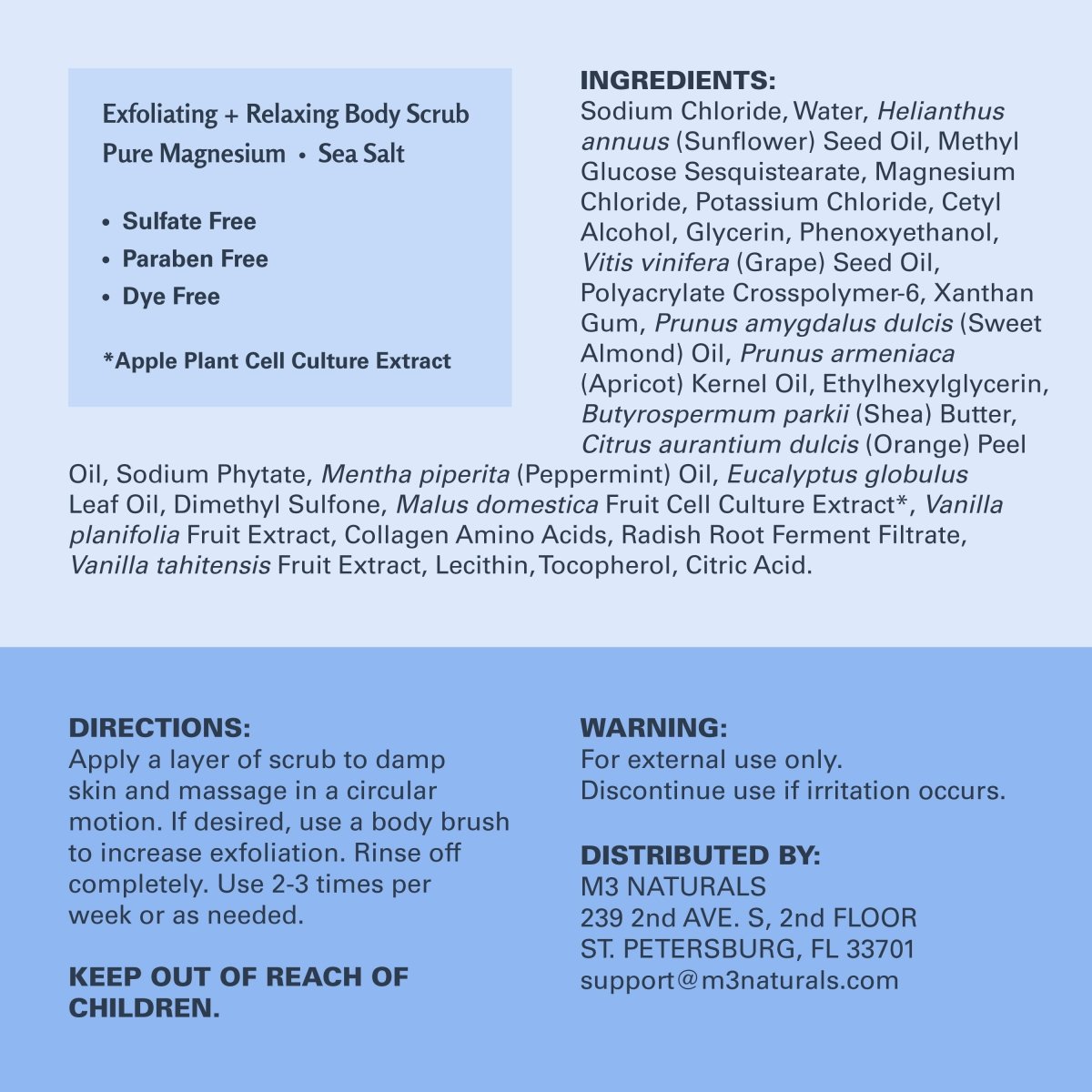 Magnesium scrub graphic product label with ingredients and directions