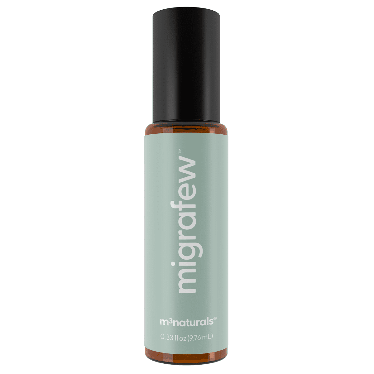 Bottle of migrafew with a light green label on a white background