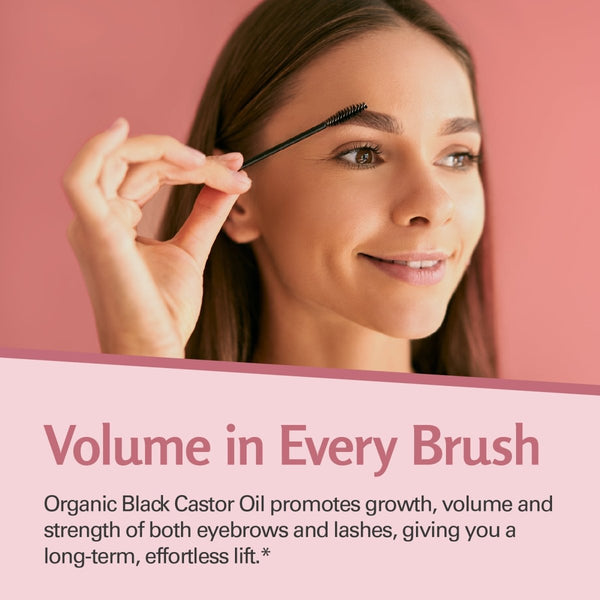 Woman applying castor oil to her eyebrow with text about benefits for eyebrows and lashes.