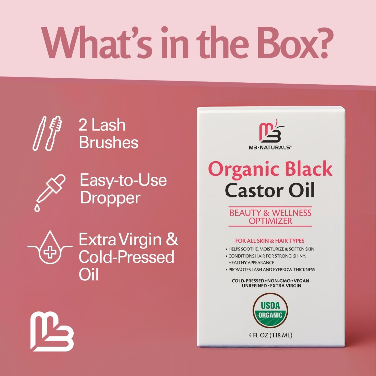 Box of organic black castor oil with list of what is included in the package