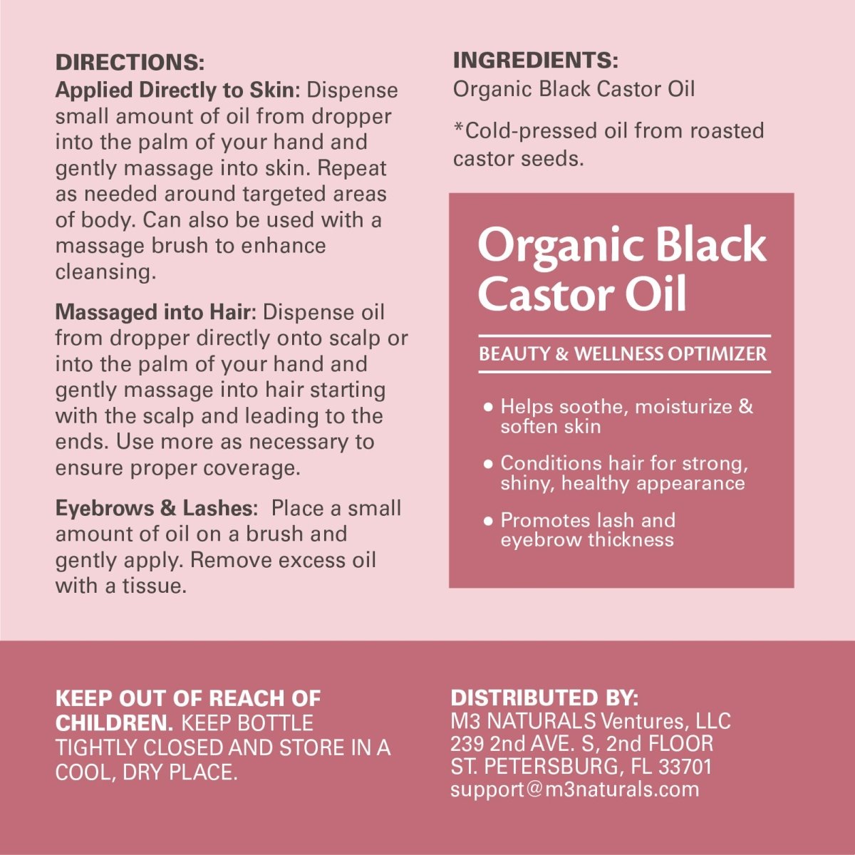 Instructions and ingredients for Organic Black Castor Oil on a pink background