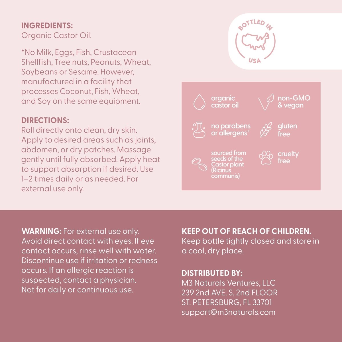 Organic castor oil roll-on product label with ingredients, directions, and safety information on a pink background