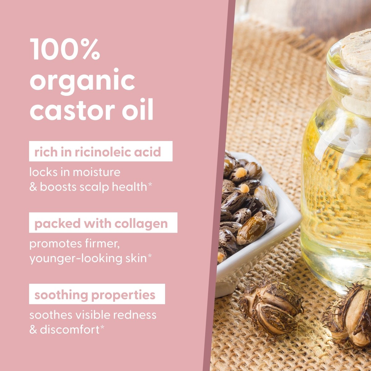 Jar of organic castor oil with ingredients on a woven surface and pink text box with benefit details.