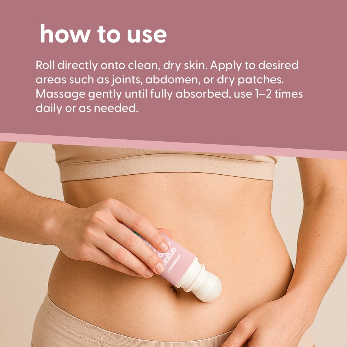 Person applying castor oil roll-on to their abdomen with text on how to use it.