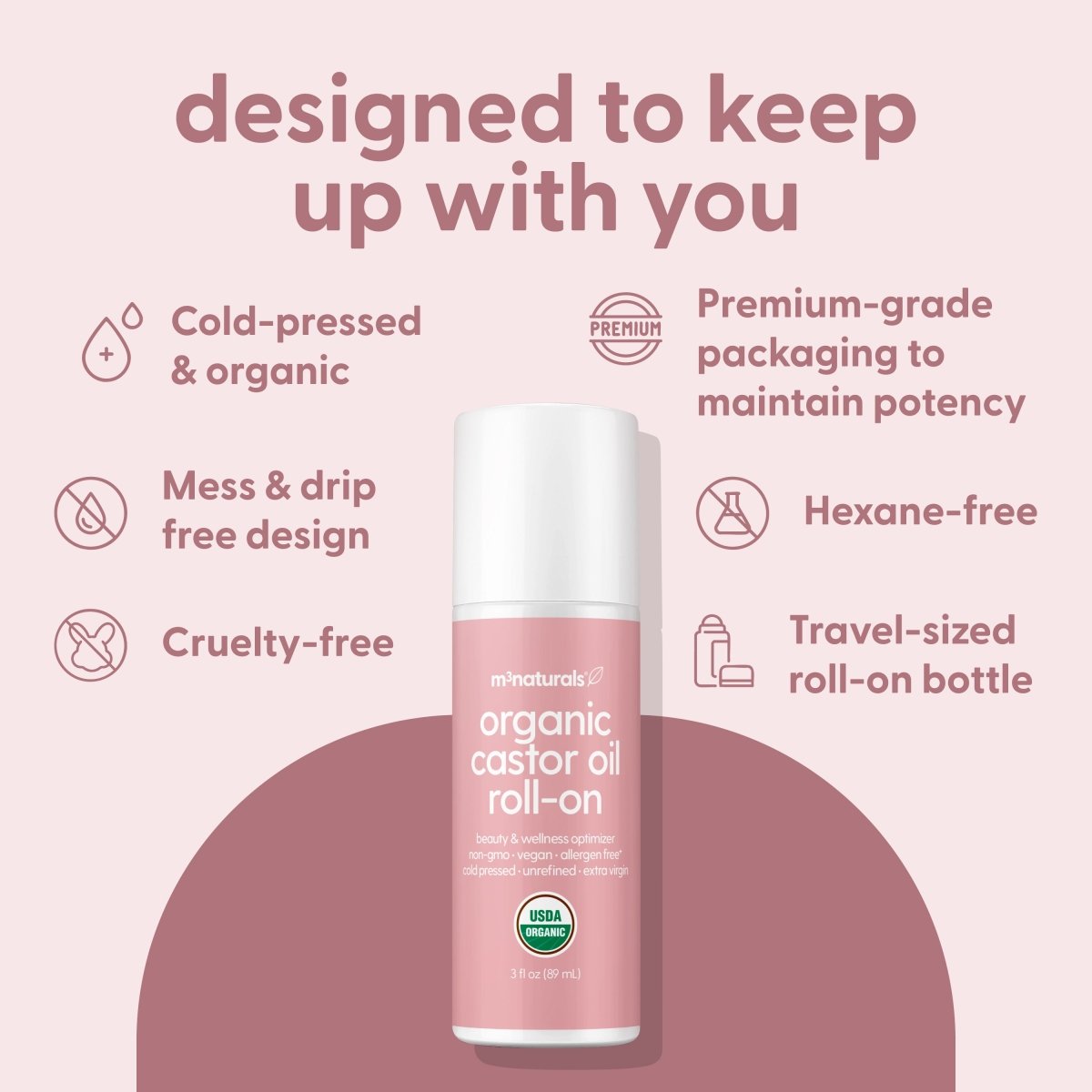 Organic castor oil roll-on bottle with travel-friendly packaging details and product features listed on a pink background