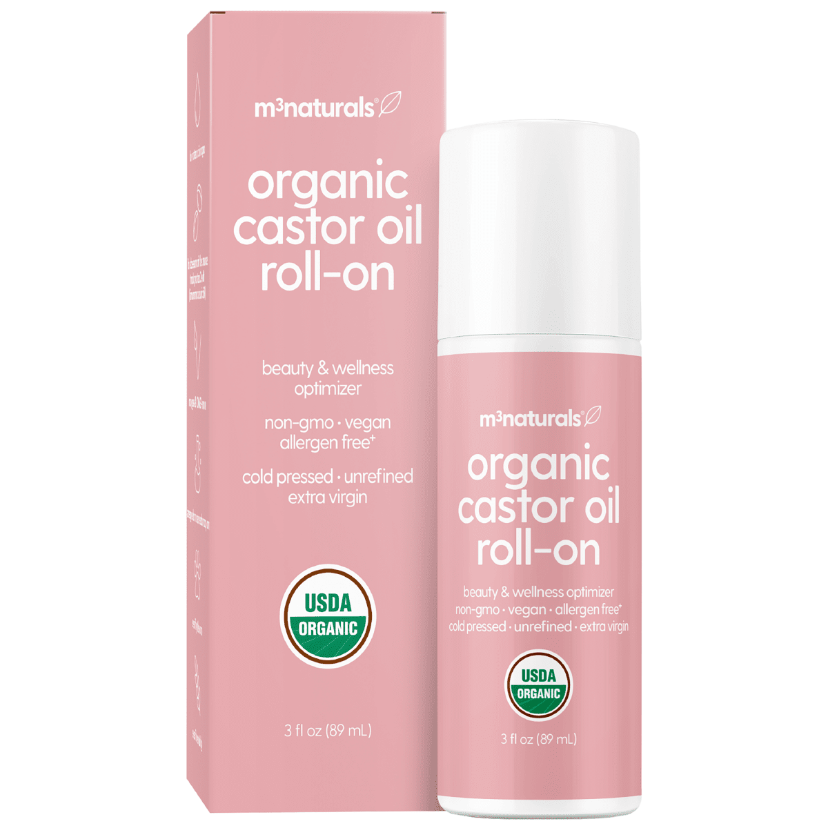M3 organic castor oil roll-on with packaging on a white background