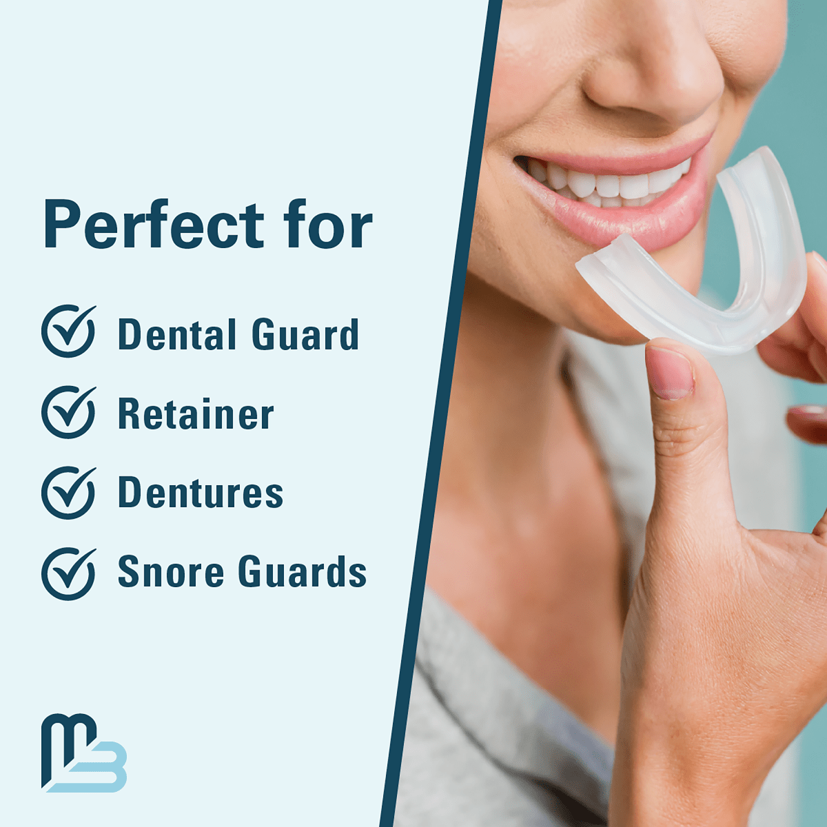 Person holding a dental guard with text indicating the cleaning kit's uses for dental guards, retainers, dentures, and snore guards. 