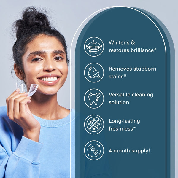 Woman holding a dental cleaning device with product features listed on a blue background