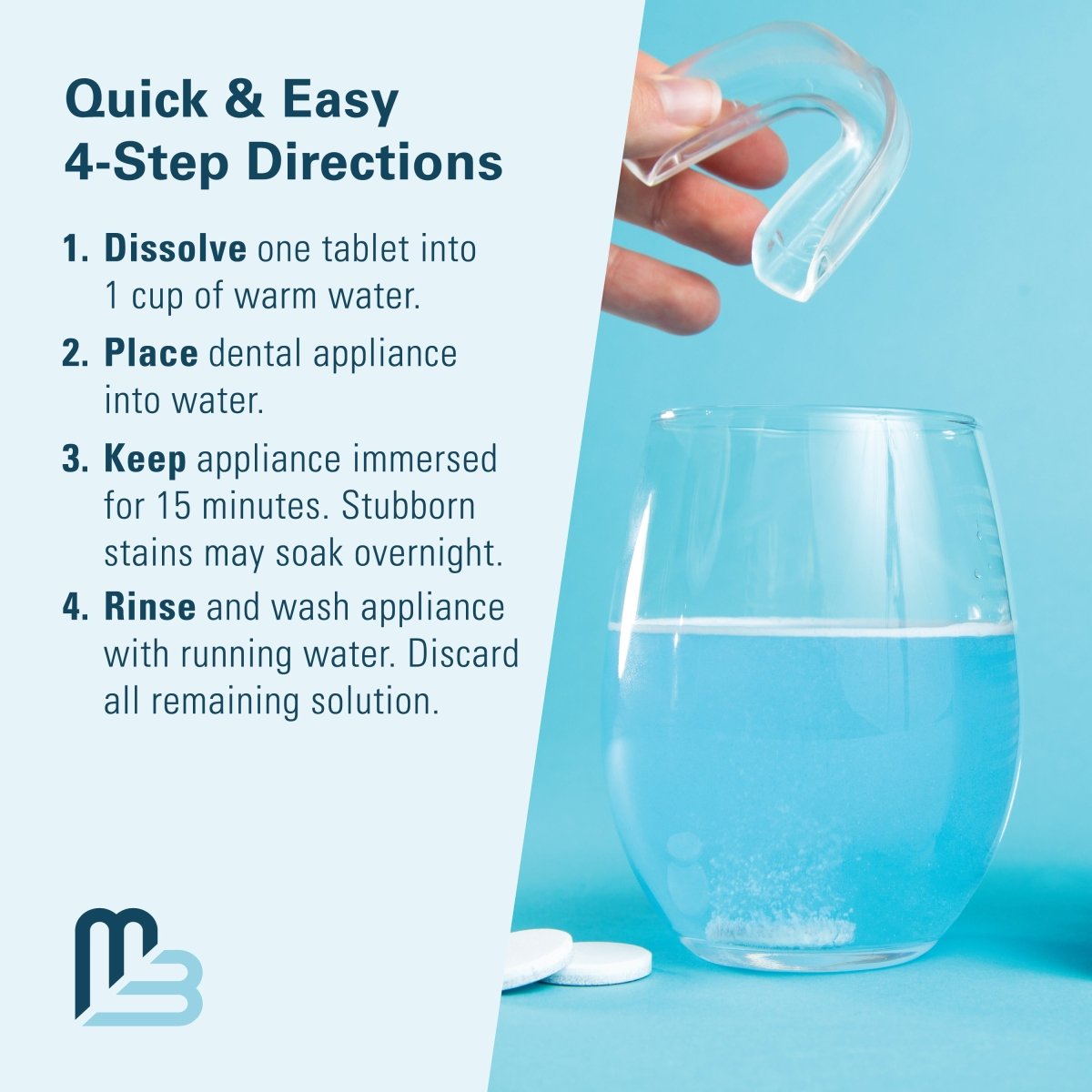 Dental appliance cleaning solution with step-by-step directions on a teal background