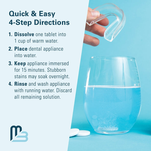 Dental appliance cleaning solution with step-by-step directions on a teal background